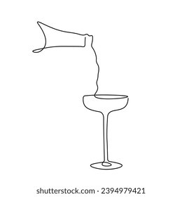 One line champagne toast. Continuous linear couple wine glasses clink. Wedding party cheers. Minimalist Christmas, New Year celebration vector concept. 
