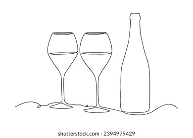 One line champagne toast. Continuous linear couple wine glasses clink. Wedding party cheers. Minimalist Christmas, New Year celebration vector concept. 