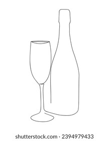 One line champagne toast. Continuous linear couple wine glasses clink. Wedding party cheers. Minimalist Christmas, New Year celebration vector concept. 