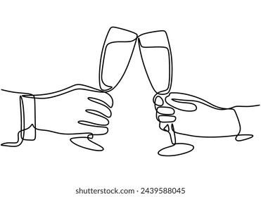 One line champagne toast. Continuous linear couple wine glasses