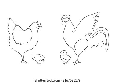 One line chicken family. Rooster, hen and chickens, farm birds continuous line vector illustration. Animal chicken bird farm minimalism