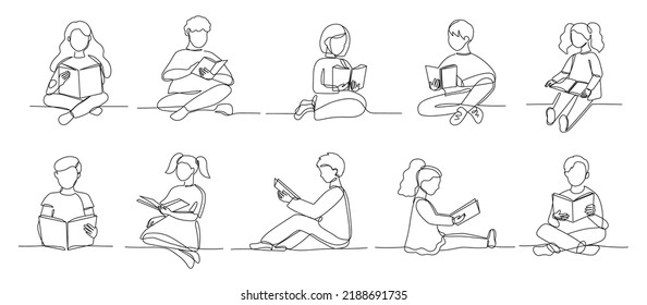 One line children reading books. School kids, child book and young readers continuous line vector Illustration set. Preschool little boys and girls learning or reading fairy tales drawing