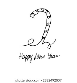 One Line Christmas Candy Cane isolated on white background. Continuous Line Art with xmas symbol. Simple outline Christmas Greeting Card cover. Vector illustration. 