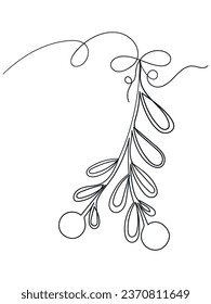 One line with Christmas Mistletoe branch. Continuous line drawing isolated on white background.