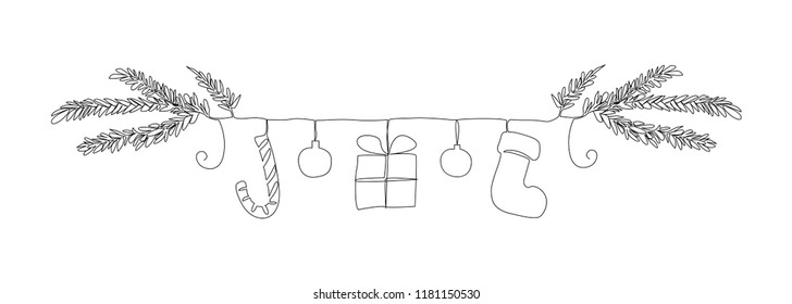 One line christmas symbols border: christmas tree branch  candy cane  balls  gift  sock  Continuous line drawing isolated white background 