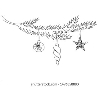 One line Christmas tree branch with Christmas toys. Continuous line drawing isolated on white background.
