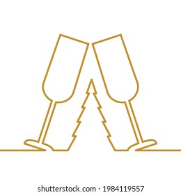 One Line Christmas Tree and Two Glasses of Champagne. Continuous  gold line sketch vector illustration isolated on white background. 