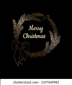 One line christmas wreath from fir tree branches and with a bow. Golden continuous line drawing isolated on black background. Merry Christmas card.