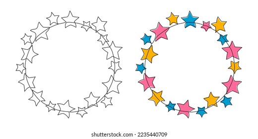 One line circle frame with confetti stars. Continuous line drawing isolated on white background. Hand drawn circle border with space for text.