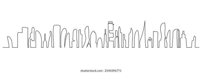 One line city. Skyscraper buildings, linear town cityscape and modern downtown or business district vector illustration set