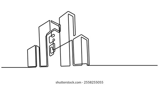 One line city. Skyscraper buildings, linear town cityscape and modern downtown or business district vector illustration, Single continuous line drawing luxury house building at big city. pro vector. 