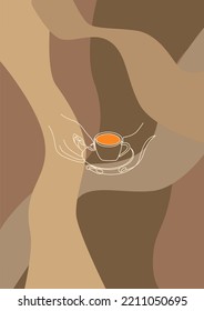 One line coffee. Hands hold cup, hot aroma beverage, Espresso or cappuccino in mug, Social media story background, outline icon, cover design, vertical poster. vector isolated illustration