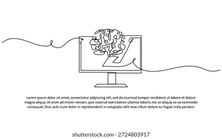 One line of computer and brain. Abstract minimal continuous line isolated on white background.