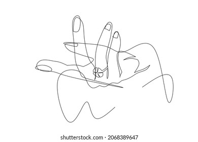 One line continue skecth drawing art woman finger using wedding fashion ring illustration background vector svg