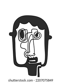One line continuos hand drawn man portrait in abstract cartoon style black white