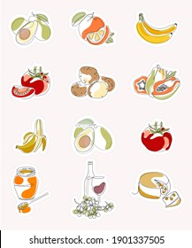One Line Continuous 12 line Tropical Fruits and Organic Farm Vegetables Stickers. Avocado, Orange, Banana, Tomato, Potato, Papaya, Honey, Wine, Cheese. Design element for grocery store, vegetable shop