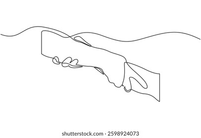 One line continuous abstract arms supporting each other, Continuous one line drawing of hands holding each other. One line drawing illustration of international charity day.