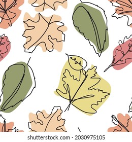 One line continuous of abstract autumn leaves seamless pattern. Simple art vector illustration for packaging, wallpaper, wrapingpaper, fashion desine. Single line drawing art.   