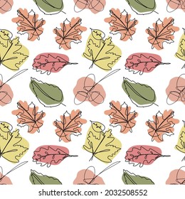 One line continuous of abstract autumn leaves seamless pattern. Simple art vector illustration for packaging, wallpaper, wrapingpaper, fashion desine. Single line drawing art.   