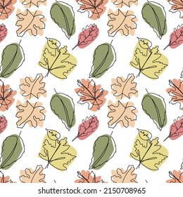 One line continuous of abstract autumn leaves seamless pattern. Simple art vector illustration for packaging, wallpaper, wrapingpaper, fashion desine. Single line drawing art.   