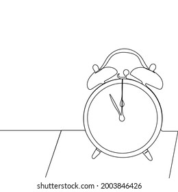 One line continuous alarm clock drawing simple design on wooden planks.