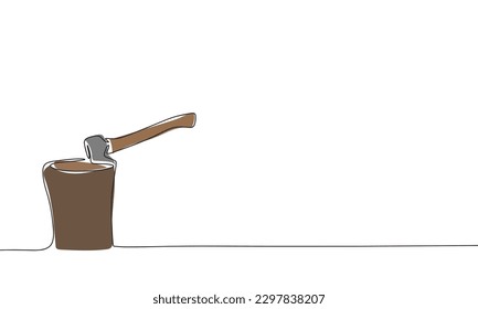 One line continuous ax in wood. Color line art vector illustration. 