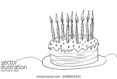 One line continuous birthday cake with candle symbol concept. Silhouette of dessert cafe restaurant holiday. Digital white single line sketch drawing vector illustration