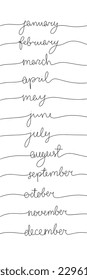 One line continuous black words name of month. Minimalist month concept. January, February, March, April, May, December, November, October, September, August, June, July. Vector illustration
