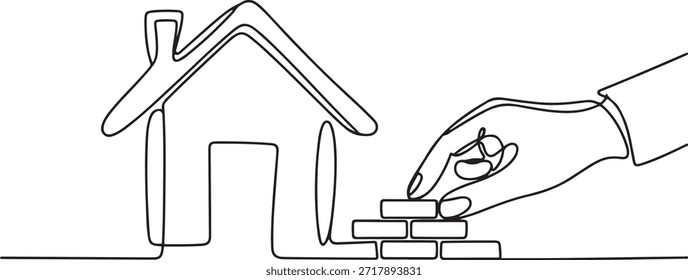 Casa de construcción continua de una línea. Concepto de ladrillos de disposición de la mano. dibujo de un icono de línea
