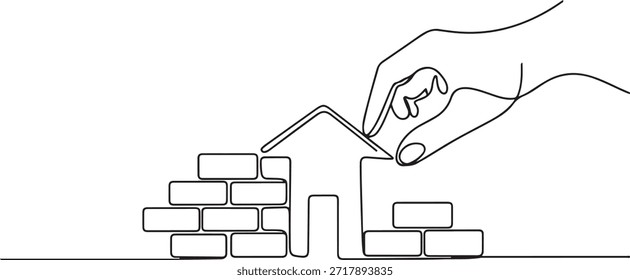 Casa de construcción continua de una línea. Concepto de ladrillos de disposición de la mano. dibujo de un icono de línea

