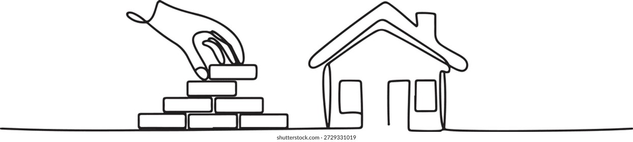 Einzeiliges durchgehendes Bauhaus. Konzept der Handanordnung von Ziegeln. einzeilige Symbolzeichnung
