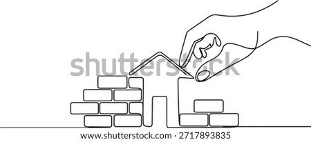 One line continuous building house. Concept of hand arranging bricks. one line Icon drawing
