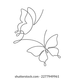 One line continuous butterflies drawing. Minimal vector  illustration. Hand drawn moth linear silhouette icon. Outline design element, print, banner, card, poster, brochure, logo, product packaging.