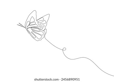 One line continuous butterfly. Outline vector animal. Single hand drawn sketch. Summer insect in doodle style