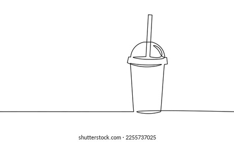 One line continuous cardboard paper cup symbol concept. Silhouette of fast food restaurant drinks coffee juice or milkshake. Digital white single line sketch drawing vector illustration