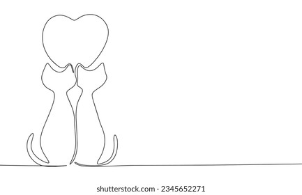 One line continuous cats and heart symbol. Line art love banner concept. Hand drawn, outline vector illustration.