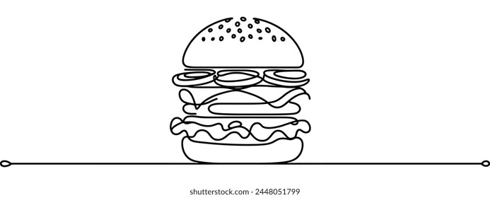 One line continuous cheeseburger symbol concept. Silhouette of fast food restaurant burger with cheese salad buns. Digital white single line sketch drawing vector illustration