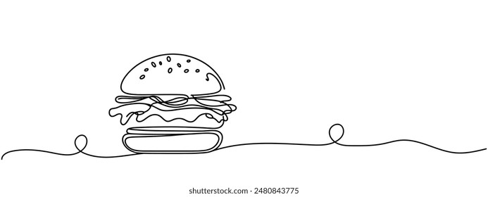 One line continuous cheeseburger symbol concept. Silhouette of fast food restaurant burger with cheese salad buns. Digital white single line sketch drawing vector illustration