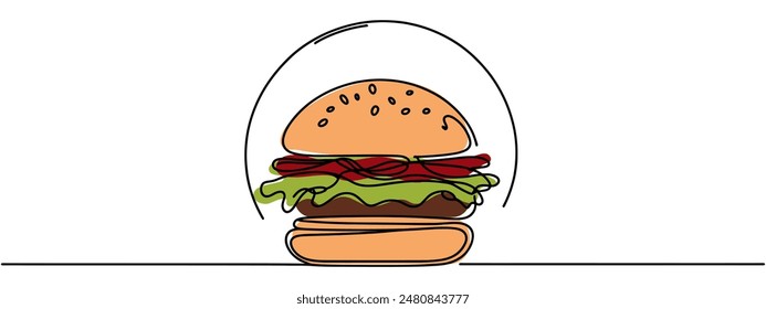 One line continuous cheeseburger symbol concept. Silhouette of fast food restaurant burger with cheese salad buns. Digital white single line sketch drawing vector illustration