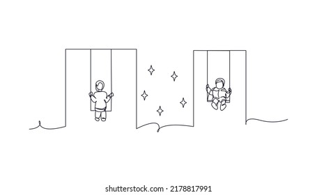 One line continuous of children playing swing. Minimalist style vector illustration in white background.