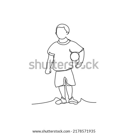 One line continuous of children playing soccer. Minimalist style vector illustration in white background.