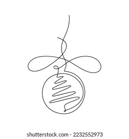 One line continuous Christmas tree ball with bow vector  illustration. Winter holiday hand drawing. Freehand linear icon. Festive design, print, banner, poster, postcard, New Year greeting card.