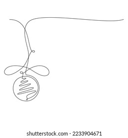 One line continuous Christmas tree ball with bow vector illustration. Winter holiday hand drawing. Freehand linear icon. Print, banner, poster, postcard, New Year greeting card design.