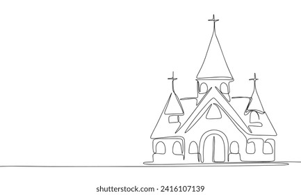 One line continuous church. Line art church isolated on white background. Hand drawn vector art.
