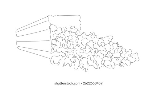 One line continuous cinema popcorn symbol concept. Silhouette of dessert holiday snack corn. Digital white single line sketch drawing vector illustration. Hand made vector not Al
