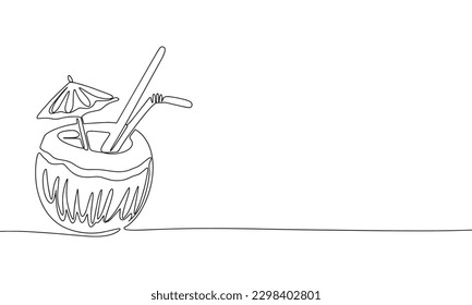 One line continuous cocktail in coconut. Fresh drink in line art outline hand drawing style. Vector illustration.