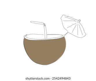 One line continuous cocktail in coconut. Fresh drink in line art outline hand drawing style. Summer beach fruit vector illustration. Natural Ripe Coconut, beach concept. Hand made vector not AI