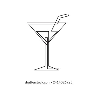 Ein einheitliches Konzept für ein durchgehendes Cocktail-Weinglas. Silhouette von alkoholischen Getränke Vermouth Oliven. Digitale, weiße, einzeilige Skizze, Vektorgrafik