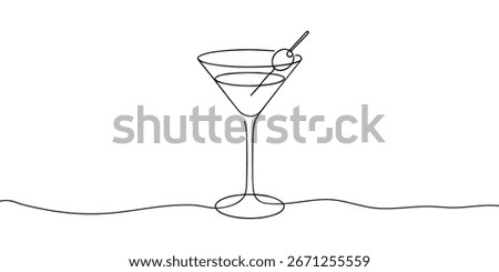 One line continuous cocktail wine glass symbol concept. Silhouette of alcoholic drink vermouth olive. Digital white single line sketch drawing vector illustration