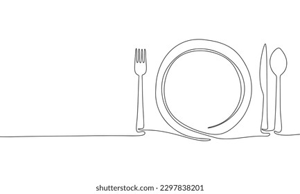 One line continuous concept for restaurant or cafe menu. Fork, plate, knife, spoon. Vector
line art outline illustration.